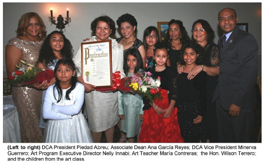 Left to right- Piedad Abreu, Ana Garcia Reyes Minerva Guerrero, Nelly Innabi, Maria Contreras Hon. Wilson Terrero and students.