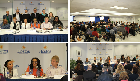 4 Photos. first photo, Group gathered for photo. second photo, audience listening to speaker. third photo, 2 women speakers. 1 man speaker. fourth photo, group of speakers behind table. audience listening.