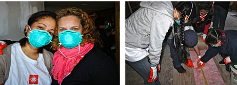 2 Photos. first photo, 2 women wearing mouth mask. second photo, group working on floor.