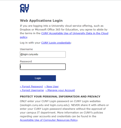 redirected webpage to CUNY login