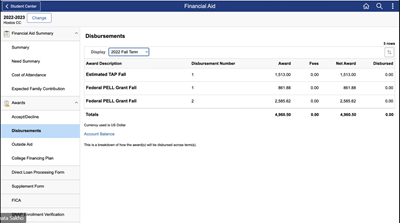 Student Disbursement page