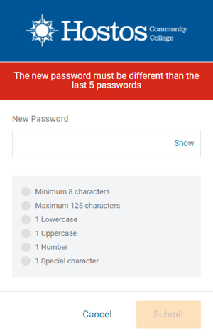 Click image to open full size in a new window Snip image for Step 6: If the password change is not accepted, you will see a message giving the reason why it was rejected