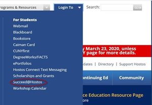 Snip image for How to access Succeed@Hostos from the Hostos website under the "Login To" dropdown menu